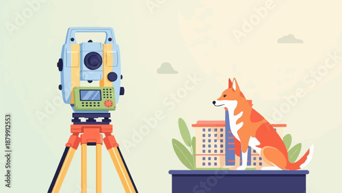 A surveying instrument and a fox sit beside a building illustration