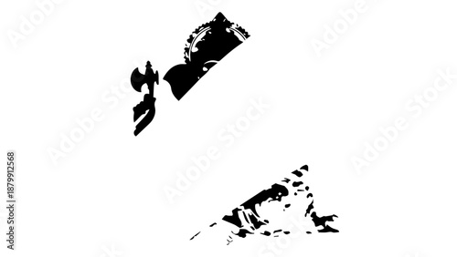 Abstract black silhouette fragments on a white background with high contrast shapes and minimal geometric marks.
