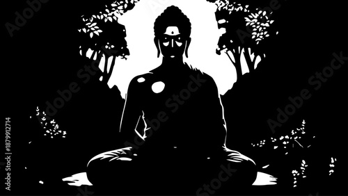 Silhouetted figure meditating in a serene outdoor garden scene with trees and calm ambience.