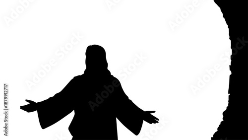 Silhouette of a person with open arms against a bright white backdrop.