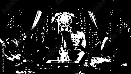 Monochrome Night Bar Scene Featuring a Dog Figure Among Silhouettes.