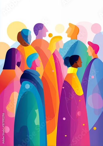 Diverse Group Of People In Colorful Abstract Geometric Outfits With Soft Bokeh Background