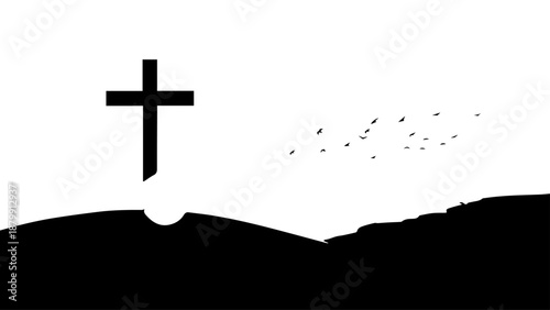 Silhouette of a Cross on a Hill at Dusk Over a Quiet Landscape and Horizon.