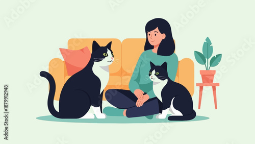 A person sits on the floor with two cats and a plant nearby