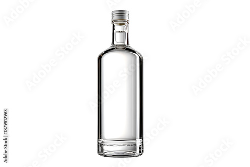 Elegant clear glass bottle with reflective silver cap on a minimalist black background