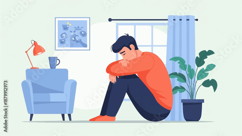 A person sitting alone indoors, looking sad, with furniture and a plant