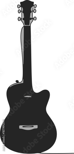 A simplified, dark acoustic guitar with a cutaway body and six tuning pegs