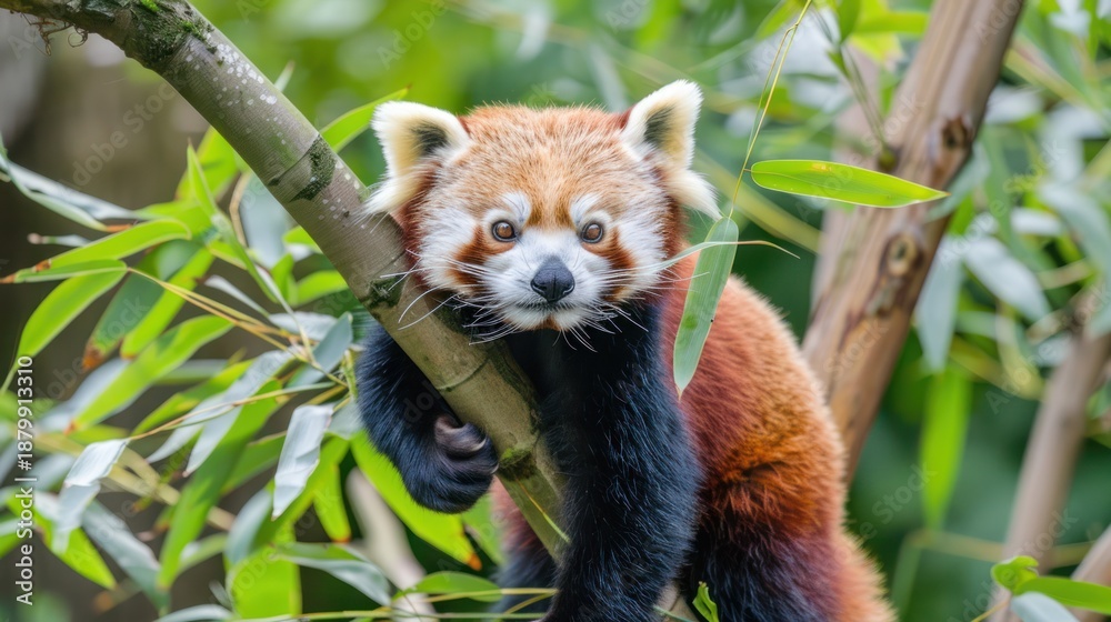 Naklejka premium Red Panda Climbing Tree in Green Foliage Forest Scene
