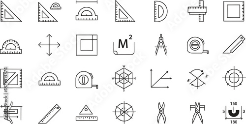 Various drawing tools and geometry icons on white background
