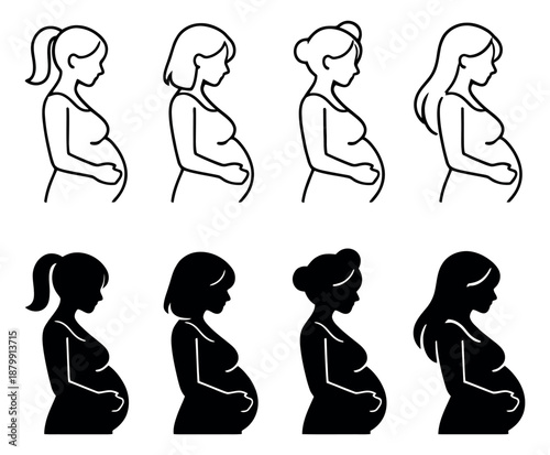 Line art and silhouette pregnant women set featuring various hairstyles for maternity and healthcare designs