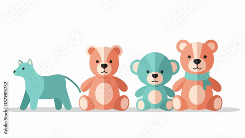 A light teal dog toy stands beside three plush teddy bears on a white background