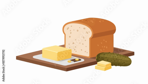 A loaf of bread, butter, and a pickle on a cutting board