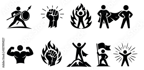 Graphic strength and success icon set featuring symbols of power, victory, and achievement for motivation and leadership concepts