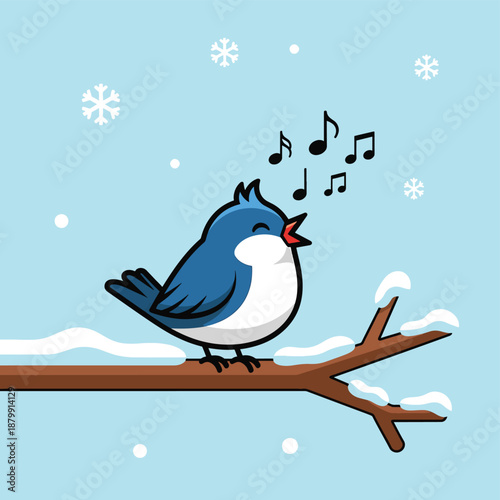 Blue Bird Singing on Snowy Branch