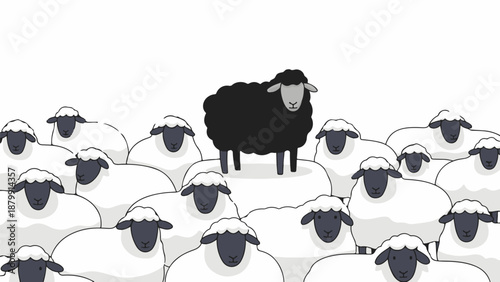 A single black sheep stands out among a flock of white sheep