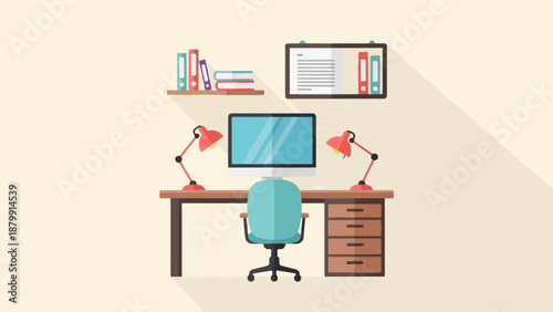 A neat, flat design illustration of a home office setup
