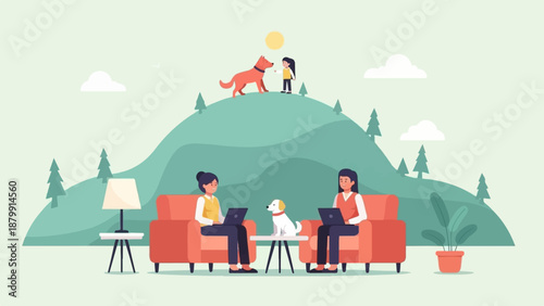 A stylized illustration of people working remotely in nature with pets