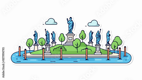 A stylized island with statues, trees, and water features