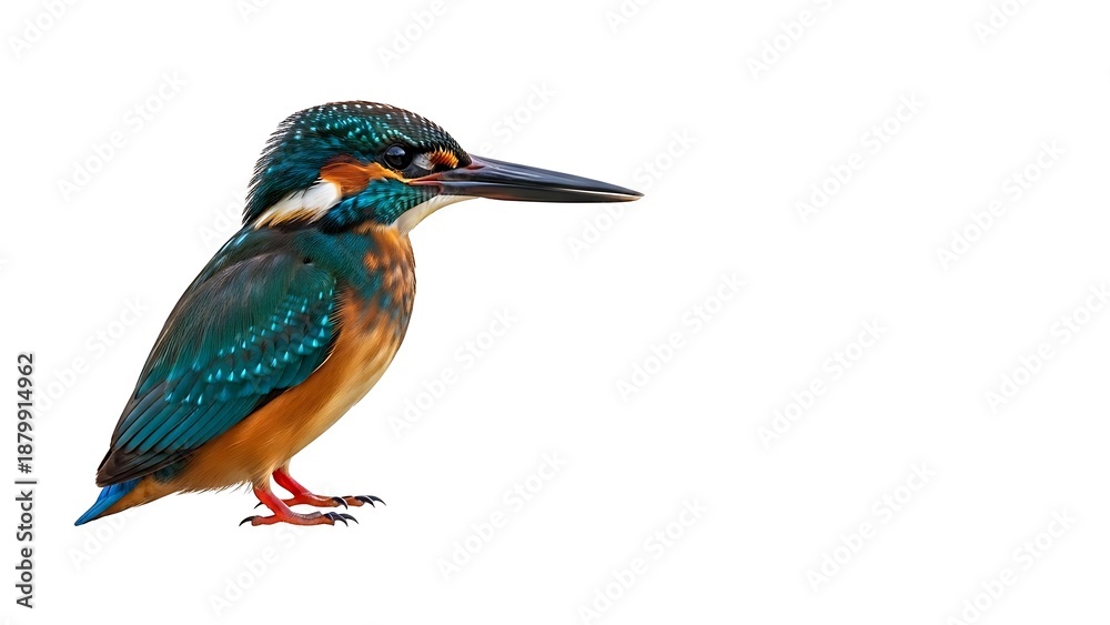 Obraz premium Detailed vector portrait of a vibrant Common Kingfisher (Alcedo atthis) with striking turquoise and orange plumage, isolated on a pure white background for wildlife and nature projects.