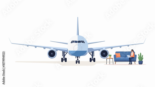 A passenger sits on a sofa next to a large airplane, working on a laptop