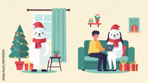 A person and a bear with Santa hats sit on a couch using a laptop
