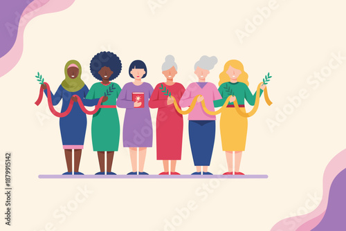 Diverse Group of Women Celebrating International Womens Day with Ribbons and Leaves.