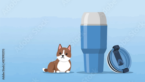 A small brown and white dog sits beside a large blue travel mug and its lid