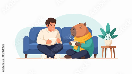 A person and a capybara enjoy hot drinks while sitting on the floor next to a couch