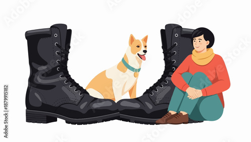 A person and a dog sit by large boots, isolated on a white background