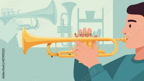 A man plays a golden trumpet, with other trumpets in the background