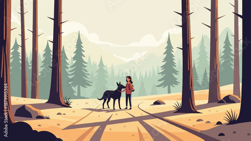 A person and their dog stand on a path in a forest with large trees and distant mountains