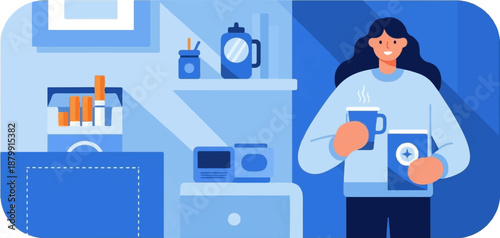 A person enjoys a warm drink in a cozy blue room with various items