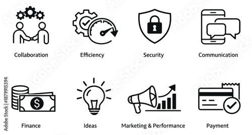 Outline line art business concept icons set featuring essential modern business operations for corporate presentations