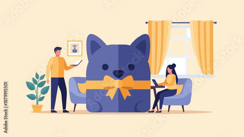 A man holds a tablet near a large gift, while a woman uses a laptop indoors