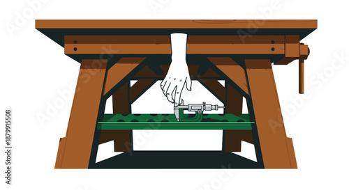 Hand organizing a precision caliper tool on a specialized green storage shelf under a sturdy wooden workbench, illustrating order and craftsmanship.