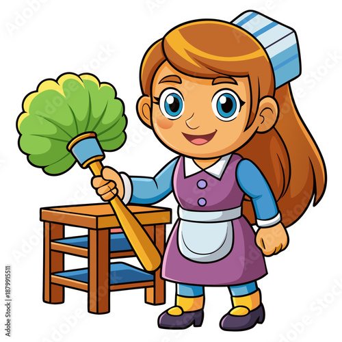 Cartoon woman in a maid outfit dusting a small wooden shelf