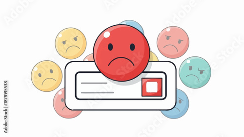A red sad face emoji hovers over a comment box with surrounding unhappy emoticons