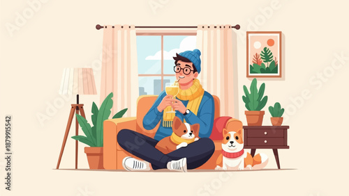 A person in a blue sweater and yellow scarf relaxes indoors with two corgi dogs, enjoying a drink