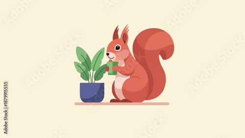 A red squirrel with a bushy tail holds a cup by a green potted plant