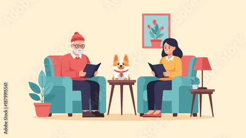 A man and woman relax reading books with their dog between them