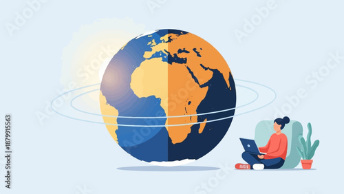 A person on a laptop near a globe with a bright sun and plant