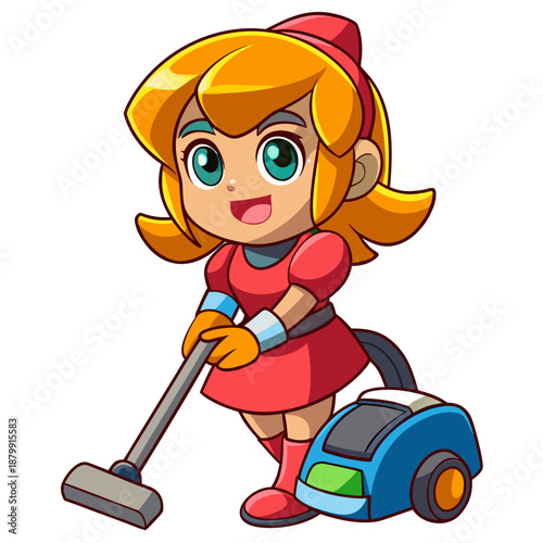 Cartoon woman using vacuum cleaner for cleaning