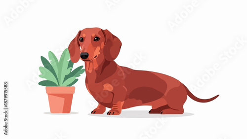 A red dachshund sits beside a potted green plant against a white background