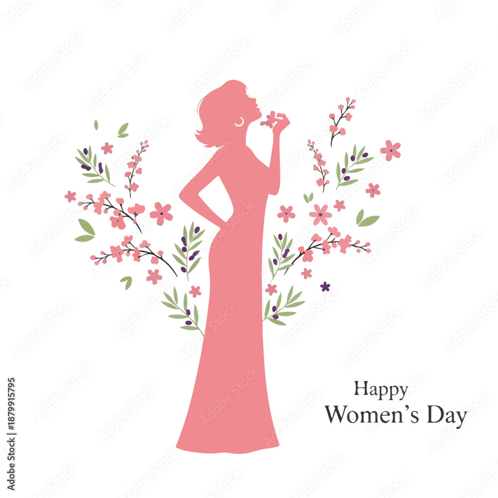 Fototapeta premium Woman in Long Dress with Floral Backdrop and Happy Womens Day Message