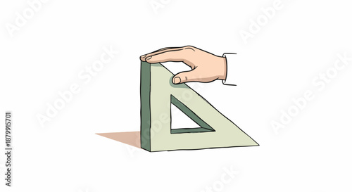 Close-up illustration of a human hand firmly grasping a green set square or triangular ruler, symbolizing precision, measurement, and geometric concepts.