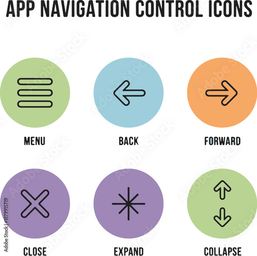 App navigation control line icons including menu, back, forward, close, expand, collapse