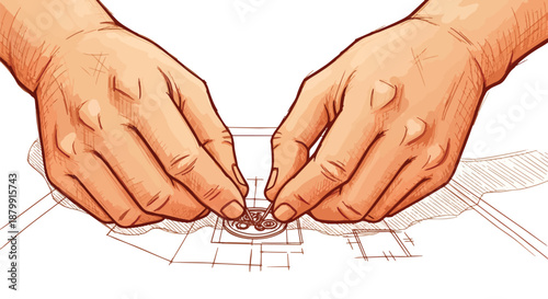 Close-up illustration of skilled hands meticulously placing a small component onto an architectural blueprint, symbolizing precision in design and construction planning.