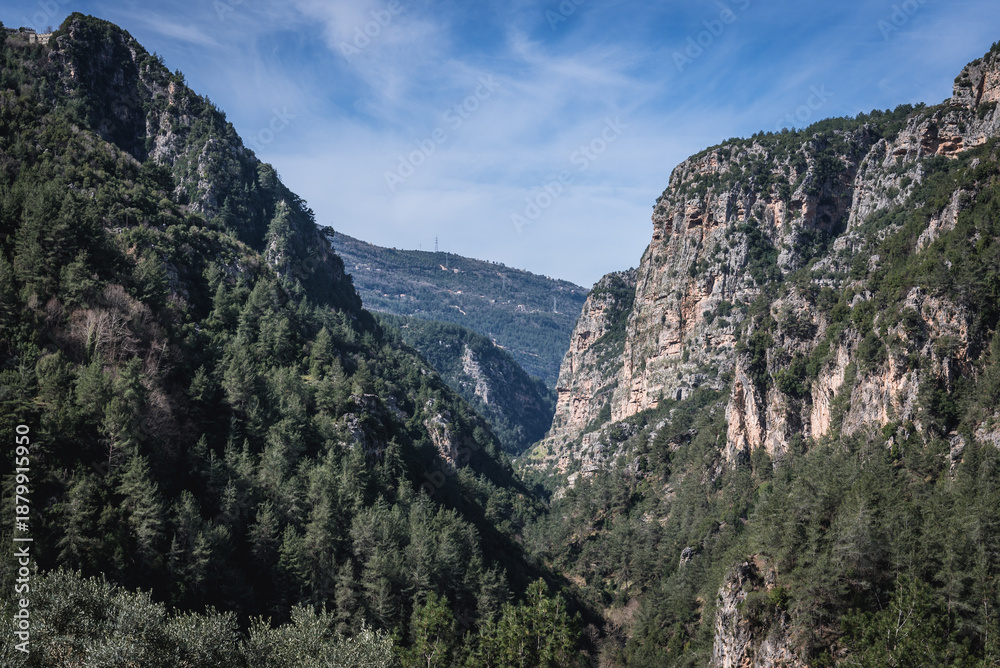 Obraz premium Mountains in Jabal Moussa nature park in Lebanon, view from the beginning of Chouwan Lake trail