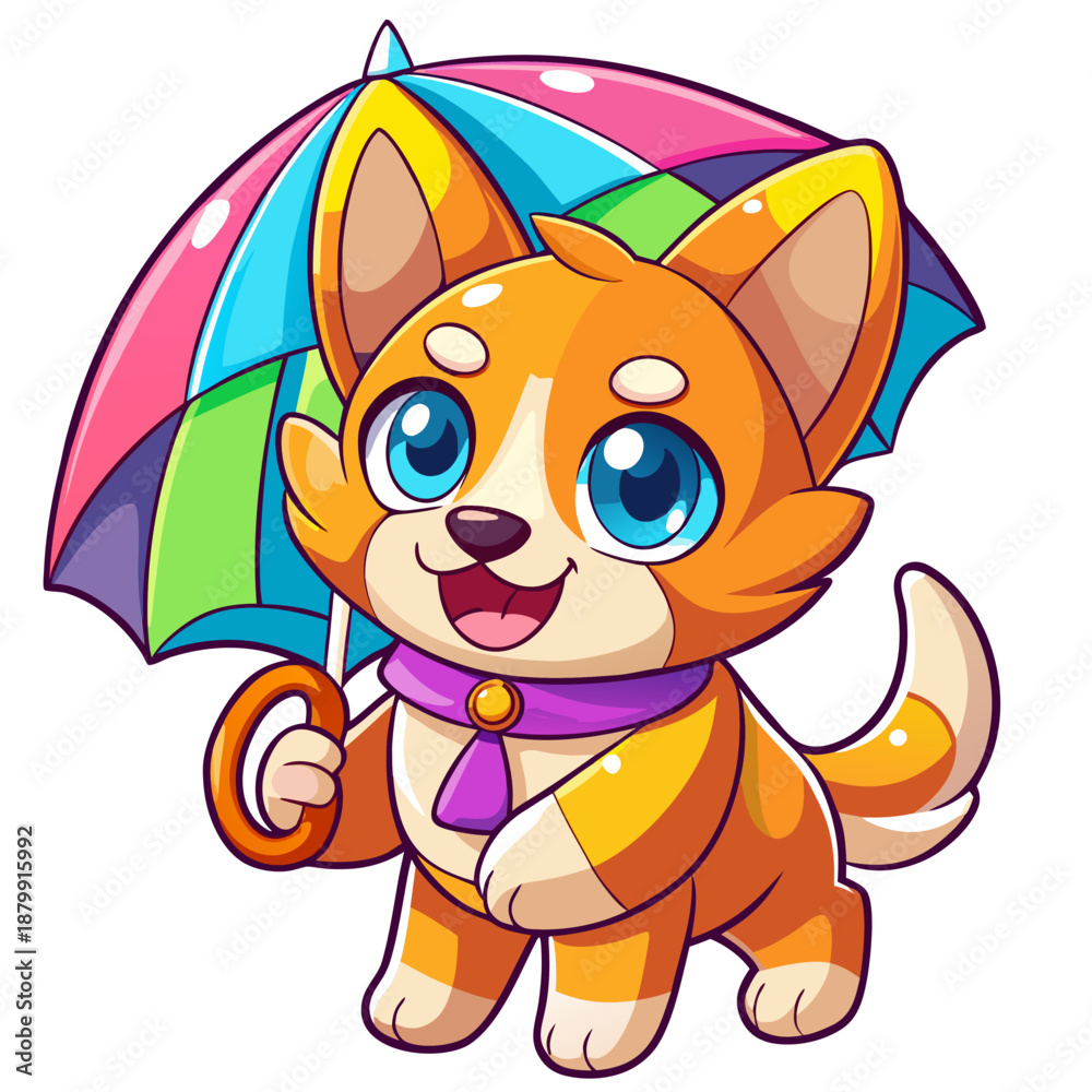 Naklejka premium Cute Cartoon Dog Holding a Pastel Umbrella in Cheerful Pose