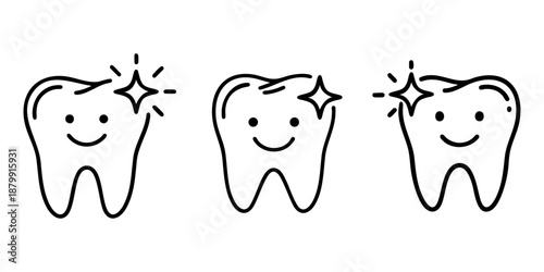 Three cute cartoon teeth with happy faces shine brightly, symbolizing perfect dental health and successful tooth cleaning results.